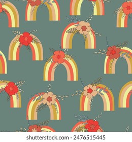 Patrón sin costuras de moda con arco iris colorido sobre fondo de color. Diseño para invitación, póster, tarjeta, tela, textil, tela. Ilustración linda de las vacaciones para el bebé. Estilo de garabato escandinavo.