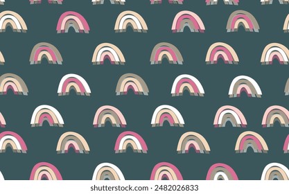 Trendy seamless pattern with colorful rainbow on color background. Design for invitation, poster, card, fabric, textile, fabric. Cute holiday illustration for baby. Scandinavian doodle style.