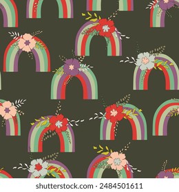 Trendy seamless pattern with colorful rainbow on color background. Design for invitation, poster, card, fabric, textile, fabric. Cute holiday illustration for baby. Scandinavian doodle style.
