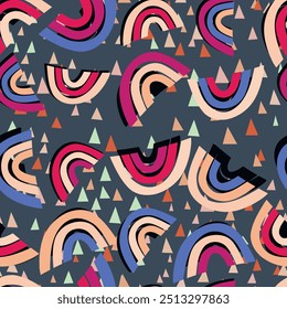 Trendy seamless pattern with colorful rainbow on color background. Design for invitation, poster, card, fabric, textile, fabric. Cute holiday illustration for baby. Scandinavian doodle style.