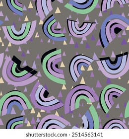 Trendy seamless pattern with colorful rainbow on color background. Design for invitation, poster, card, fabric, textile, fabric. Cute holiday illustration for baby. Scandinavian doodle style.