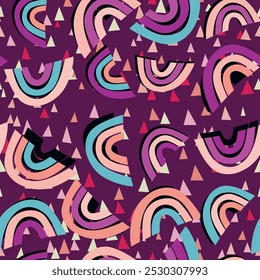 Padrão moderno sem emenda com arco-íris colorido no fundo colorido. Design para convite, cartaz, cartão, tecido, têxtil, tecido. Ilustração de férias bonito para o bebê. Estilo escandinavo doodle.