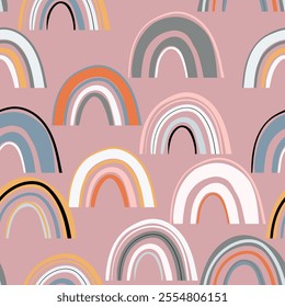 Trendy seamless pattern with colorful rainbow on color background. Design for invitation, poster, card, fabric, textile, fabric. Cute holiday illustration for baby. Scandinavian doodle style.