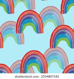 Trendy seamless pattern with colorful rainbow on color background. Design for invitation, poster, card, fabric, textile, fabric. Cute holiday illustration for baby. Scandinavian doodle style.