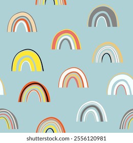 Trendy seamless pattern with colorful rainbow on color background. Design for invitation, poster, card, fabric, textile, fabric. Cute holiday illustration for baby. Scandinavian doodle style.