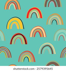 Trendy seamless pattern with colorful rainbow on color background. Design for invitation, poster, card, fabric, textile, fabric. Cute holiday illustration for baby. Scandinavian doodle style.