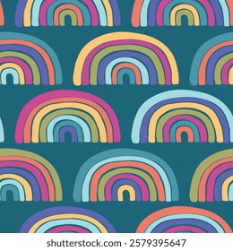 Trendy seamless pattern with colorful rainbow on color background. Design for invitation, poster, card, fabric, textile, fabric. Cute holiday illustration for baby. Scandinavian doodle style.