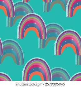 Trendy seamless pattern with colorful rainbow on color background. Design for invitation, poster, card, fabric, textile, fabric. Cute holiday illustration for baby. Scandinavian doodle style.