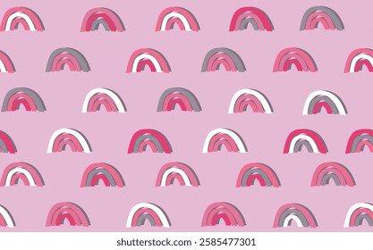 Trendy seamless pattern with colorful rainbow on color background. Design for invitation, poster, card, fabric, textile, fabric. Cute holiday illustration for baby. Scandinavian doodle style.