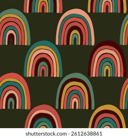 Trendy seamless pattern with colorful rainbow on color background. Design for invitation, poster, card, fabric, textile, fabric. Cute holiday illustration for baby. Scandinavian doodle style.