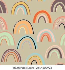 Trendy seamless pattern with colorful rainbow on color background. Design for invitation, poster, card, fabric, textile, fabric. Cute holiday illustration for baby. Scandinavian doodle style.