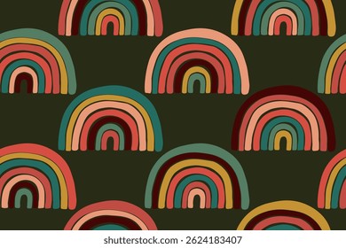 Trendy seamless pattern with colorful rainbow on color background. Design for invitation, poster, card, fabric, textile, fabric. Cute holiday illustration for baby. Scandinavian doodle style.