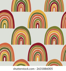 Trendy nahtloses Muster mit buntem Regenbogen auf farbigem Hintergrund. Design für Einladung, Poster, Karte, Stoff, Textil, Stoff. Nette Urlaubsgrafik für Baby. Skandinavischer Doodle-Stil.