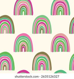 Trendy seamless pattern with colorful rainbow on color background. Design for invitation, poster, card, fabric, textile, fabric. Cute holiday illustration for baby. Scandinavian doodle style.