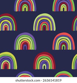 Modelo inconsútil de moda con el arco iris colorido en el fondo del color. Diseño para invitación, cartel, tarjeta, tela, textil, tela. Linda ilustración de vacaciones para el bebé. Estilo doodle escandinavo.