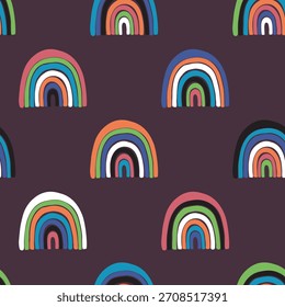 Modelo inconsútil de moda con el arco iris colorido en el fondo del color. Diseño para invitación, cartel, tarjeta, tela, textil, tela. Linda ilustración de vacaciones para el bebé. Estilo doodle escandinavo.