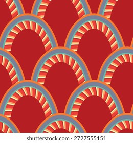 Modelo inconsútil de moda con el arco iris colorido en el fondo del color. Diseño para invitación, cartel, tarjeta, tela, textil, tela. Linda ilustración de vacaciones para el bebé. Estilo doodle escandinavo.