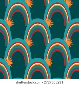 Modelo inconsútil de moda con el arco iris colorido en el fondo del color. Diseño para invitación, cartel, tarjeta, tela, textil, tela. Linda ilustración de vacaciones para el bebé. Estilo doodle escandinavo.