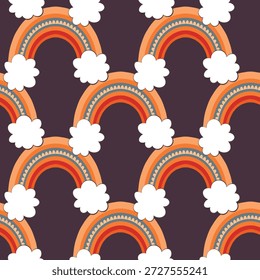 Modelo inconsútil de moda con el arco iris colorido en el fondo del color. Diseño para invitación, cartel, tarjeta, tela, textil, tela. Linda ilustración de vacaciones para el bebé. Estilo doodle escandinavo.