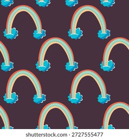Trendy nahtloses Muster mit buntem Regenbogen auf farbigem Hintergrund. Design für Einladung, Poster, Karte, Stoff, Textil, Stoff. Nette Urlaubsgrafik für Baby. Skandinavischer Doodle-Stil.
