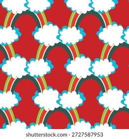 Modelo inconsútil de moda con el arco iris colorido en el fondo del color. Diseño para invitación, cartel, tarjeta, tela, textil, tela. Linda ilustración de vacaciones para el bebé. Estilo doodle escandinavo.