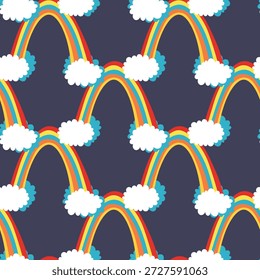 Padrão moderno sem emenda com arco-íris colorido no fundo colorido. Design para convite, cartaz, cartão, tecido, têxtil, tecido. Ilustração de férias bonito para o bebê. Estilo escandinavo doodle.