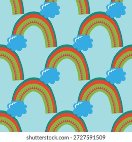 Modelo inconsútil de moda con el arco iris colorido en el fondo del color. Diseño para invitación, cartel, tarjeta, tela, textil, tela. Linda ilustración de vacaciones para el bebé. Estilo doodle escandinavo.
