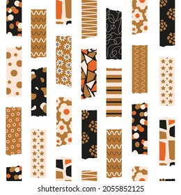 Trendy seamless pattern of colorful stylish washi tape isolated on a white background. Vector stripes and pieces of duct paper, or scotch with different print	