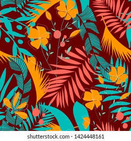 Trendy seamless pattern with colorful tropical leaves and flowers on a Burgundy background. Vector design. Jungle print. Floral background. Printing and textiles. Exotic tropics. Summer design.