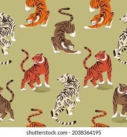 Trendy seamless pattern with colourful tiger in asian style. Modern animal background. Abstract hunting tiger. Chineese 2022 year sign. Year of the Tiger 2022 Japanese new year card.