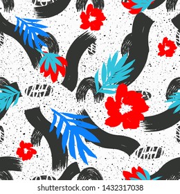 Trendy Seamless Pattern Composition with Palm Leaves , Flowers , Brush Shapes .