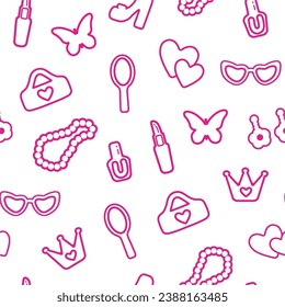 trendy, seamless, pattern with contour details. isolated elements for girl. Shoes, lipstick, earrings, glasses, jewelry, heart. for print, paper, banner. vector art illustration. barbie  style