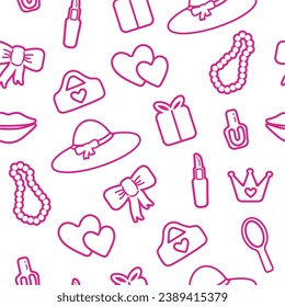 trendy, seamless, pattern with contour details. isolated elements for girl. Shoes, lipstick, earrings, glasses, jewelry, heart. for print, paper, banner. vector art illustration. barbie style