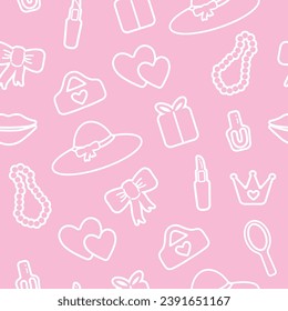 trendy, seamless, pattern with contour details. isolated elements for girl. Shoes, lipstick, earrings, glasses, jewelry, heart. for print, paper, banner. vector art illustration. barbie style