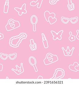 trendy, seamless, pattern with contour details. isolated elements for girl. Shoes, lipstick, earrings, glasses, jewelry, heart. for print, paper, banner. vector art illustration. barbie style