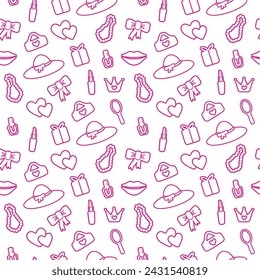 trendy, seamless, pattern with contour details. isolated elements for girl. Shoes, lipstick, earrings, glasses, jewelry, heart. for print, paper, banner. vector art illustration.  barbie style