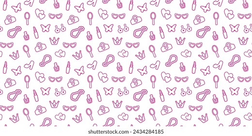 trendy, seamless, pattern with contour details. isolated elements for girl. Shoes, lipstick, earrings, glasses, jewelry, heart. for print, paper, banner. vector art illustration. barbie style