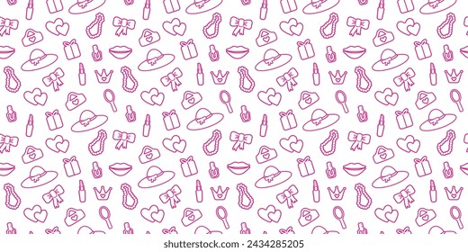 de moda, sin costuras, patrón con detalles de contorno. elementos aislados para niña. Zapatos, lápiz labial, pendientes, gafas, joyas, corazón. para impresión, papel, banner. ilustración de arte vectorial.