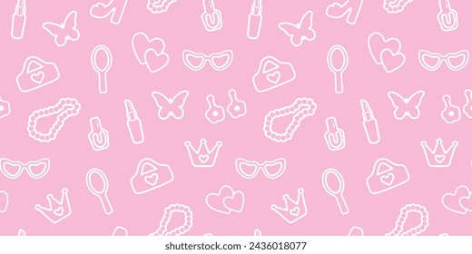 Trendy, nahtlos, Muster mit Konturdetails, isolierte Elemente für Mädchen. Schuhe, Lippenstift, Ohrringe, Brillen, Schmuck, Herz. Für Druck, Papier, Banner. Vektor-Kunst-Illustration.