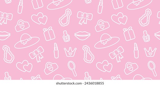 trendy, seamless, pattern with contour details. isolated elements for girl. Shoes, lipstick, earrings, glasses, jewelry, heart. for print, paper, banner. vector art illustration. barbie style