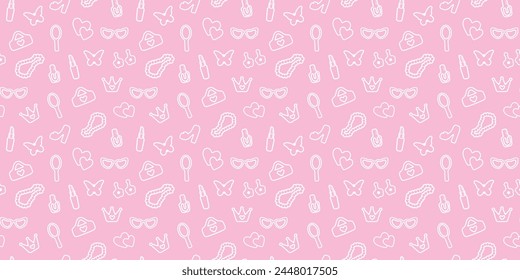 trendy, seamless, pattern with contour details. isolated elements for girl. Shoes, lipstick, earrings, glasses, jewelry, heart. for print, paper, banner. vector art illustration. barbie style