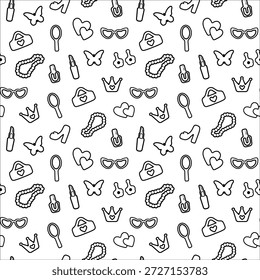 moda, sem emenda, padrão com detalhes de contorno. elementos isolados para menina. Sapatos, batom, brincos, óculos, joias, coração. para impressão, papel, banner. ilustração de arte vetorial.