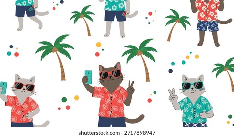 Patrón sin costuras de moda con gatos geniales tomando selfies y mostrando signos de paz, usando camisas hawaianas y gafas de sol para un ambiente divertido de verano.