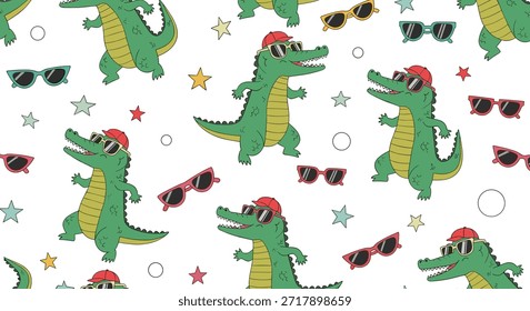 Trendy seamless pattern with cool crocodiles wearing caps and sunglasses, stars, and circles on a white background, ideal for kids fashion.
