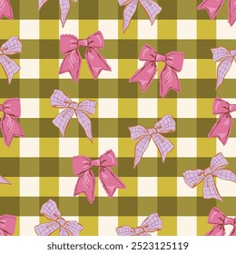 Moda padrão sem emenda de coquette arcos ilustração vetor mão desenhado fita no fundo de gingham Verificar. Design para moda, tecido, têxtil, papel de parede, embalagem e todas as impressões