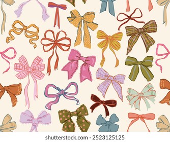 Trendy Seamless pattern of  Coquette bows Vector Illustration Hand drawn ribbon background. Design for fashion , fabric, textile, wallpaper , wrapping and all prints