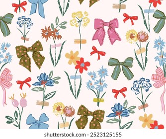 Trendy Seamless pattern of  Coquette bows Vector Illustration Hand drawn with wild flowers . Design for fashion , fabric, textile, wallpaper , wrapping and all prints