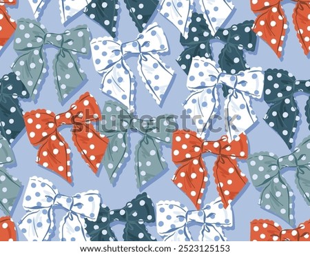 Trendy Seamless pattern of  Coquette polka dots bows Vector Illustration Hand drawn ribbon background. Design for fashion , fabric, textile, wallpaper , wrapping and all prints