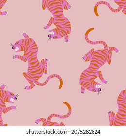 Trendy seamless pattern with crawling tigers. Funky fabric design. Colorful exotic wallpaper or gift wrap.