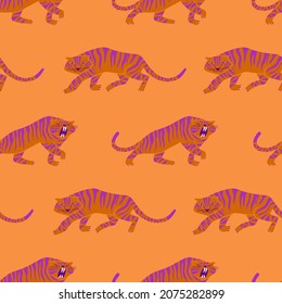 Trendy seamless pattern with crawling tigers. Funky fabric design. Colorful exotic wallpaper or gift wrap.